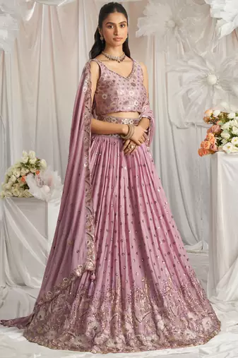 Lilac Georgette Sequins and Thread Embroidered Lehenga