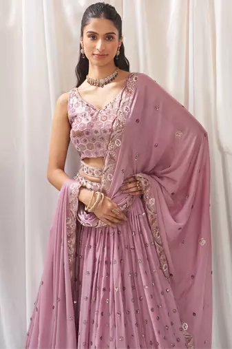 Lilac Georgette Sequins and Thread Embroidered Lehenga