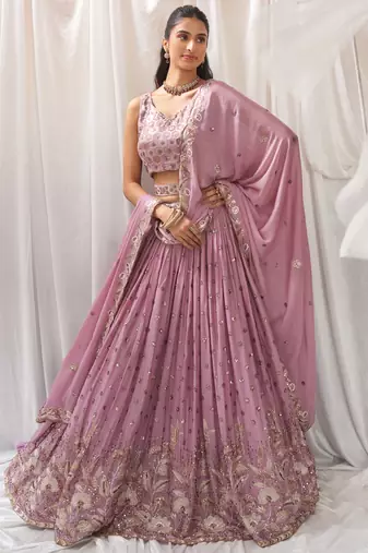 Lilac Georgette Sequins and Thread Embroidered Lehenga