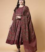 Maroon floral printed embroidered anarkali kurta pant with dupatta set