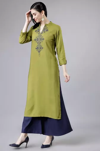 Green embroidered aline kurta with palazzo set