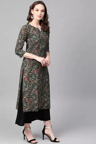 Black floral printed aline kurta with palazzo set