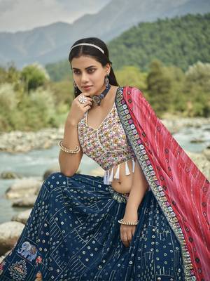 Women's Blue sequins and thread embroidered faux georgette festive & party wear semi stitched lehenga 2