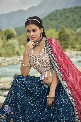 Women's Blue sequins and thread embroidered faux georgette festive & party wear semi stitched lehenga