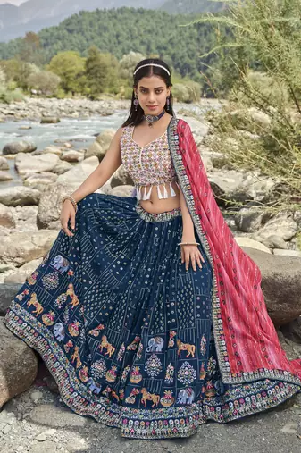 Women's Blue sequins and thread embroidered faux georgette festive & party wear semi stitched lehenga
