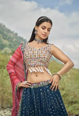 Women's Blue sequins and thread embroidered faux georgette festive & party wear semi stitched lehenga 5