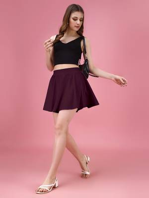 Plain Purple Solid Nylon Soft Mini Skirt for Women 3