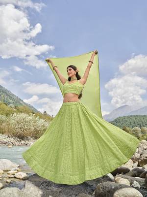 Parrot green sequins and thread embroidered faux georgette Wedding wear semi stitched lehenga 1