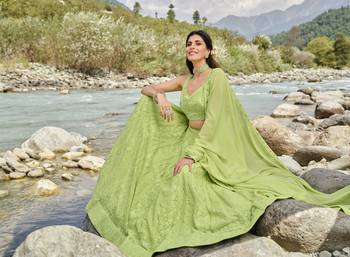 Parrot green sequins and thread embroidered faux georgette Wedding wear semi stitched lehenga 2