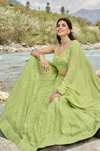 Parrot green sequins and thread embroidered faux georgette Wedding wear semi stitched lehenga