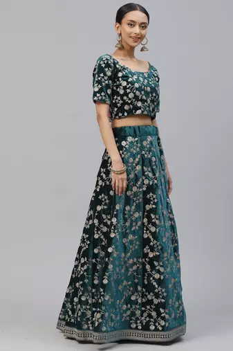 Women's Turquoise embroidered velvet Party Wear semi stitched lehenga Choli