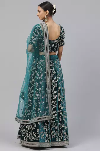 Women's Turquoise embroidered velvet Party Wear semi stitched lehenga Choli