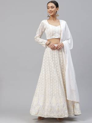 Women's White sequence and threat embroidered georgette lucknowi chiken Wedding Wear  lehenga choli 3
