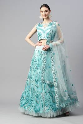 Women's Sky Blue sequince & thread embroidered soft net festive bridal wedding wear semi stitched lehenga Choli 1