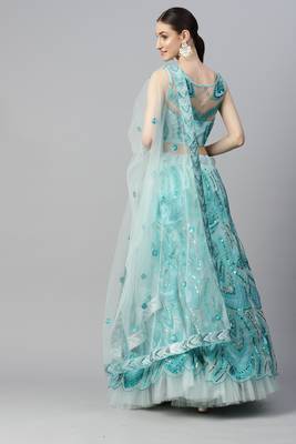 Women's Sky Blue sequince & thread embroidered soft net festive bridal wedding wear semi stitched lehenga Choli 2