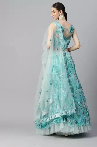 Women's Sky Blue sequince & thread embroidered soft net festive bridal wedding wear semi stitched lehenga Choli