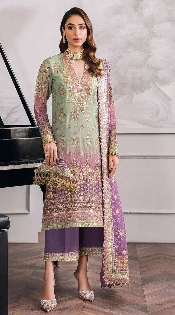 Green embroidered faux georgette semi stitched salwar suit