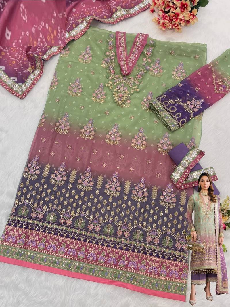 Green embroidered faux georgette semi stitched salwar suit