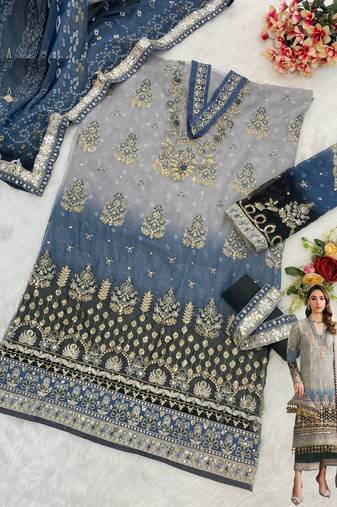 Grey embroidered faux georgette semi stitched salwar suit