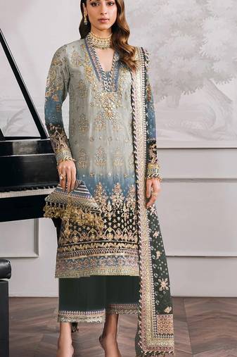 Grey embroidered faux georgette semi stitched salwar suit