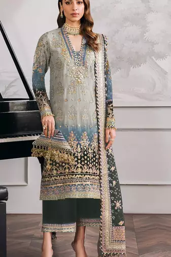 Grey embroidered faux georgette semi stitched salwar suit