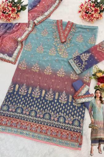 Sky embroidered faux georgette semi stitched salwar suit