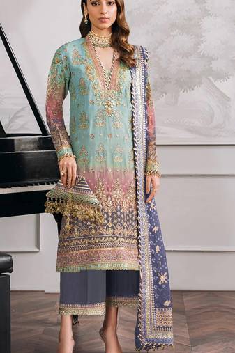 Sky embroidered faux georgette semi stitched salwar suit