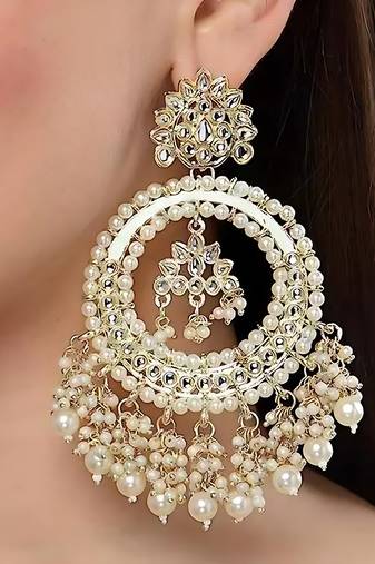Luxurious pearl chandelier earrings - traditional indian kundan style statement jewelry for wedding & festive wear