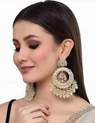Luxurious pearl chandelier earrings - traditional indian kundan style statement jewelry for wedding & festive wear 3