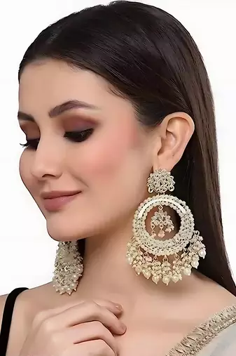 Luxurious pearl chandelier earrings - traditional indian kundan style statement jewelry for wedding & festive wear