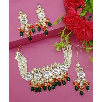 Emerald green kundan choker set - traditional pearl string necklace with orange beads & matching earrings tikka set 1