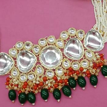 Emerald green kundan choker set - traditional pearl string necklace with orange beads & matching earrings tikka set 2