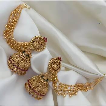 Antique gold temple jhumka earrings - traditional south indian wedding jewelry set with ear chain 1