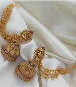 Antique gold temple jhumka earrings - traditional south indian wedding jewelry set with ear chain