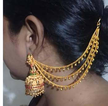 Antique gold temple jhumka earrings - traditional south indian wedding jewelry set with ear chain 2