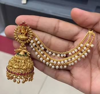 Temple lakshmi design jhumka with pearl ear chain - antique gold south indian traditional earring 1