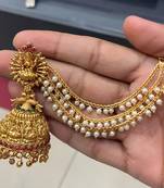 Temple lakshmi design jhumka with pearl ear chain - antique gold south indian traditional earring