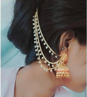 Temple lakshmi design jhumka with pearl ear chain - antique gold south indian traditional earring 2