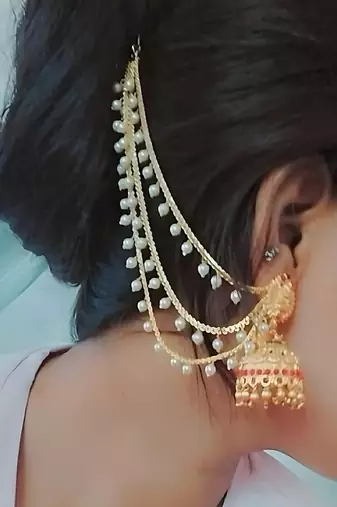 Temple lakshmi design jhumka with pearl ear chain - antique gold south indian traditional earring