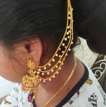 Temple lakshmi design jhumka with pearl ear chain - antique gold south indian traditional earring 3