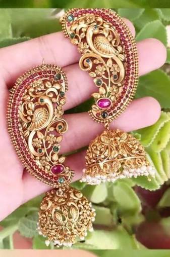 Exquisite gold-plated peacock jhumka earrings with ruby and emerald accents