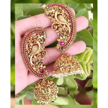 Exquisite gold-plated peacock jhumka earrings with ruby and emerald accents 2