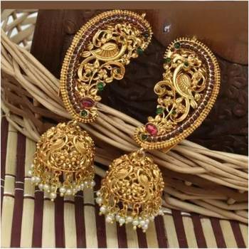 Exquisite gold-plated peacock jhumka earrings with ruby and emerald accents 3