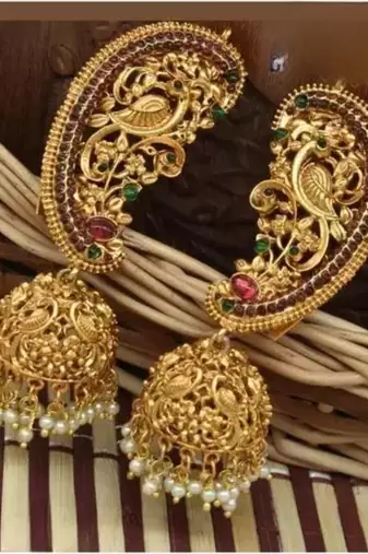 Exquisite gold-plated peacock jhumka earrings with ruby and emerald accents