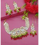 Festive red & green kundan choker set traditional pearl string necklace with matching earrings tikka set