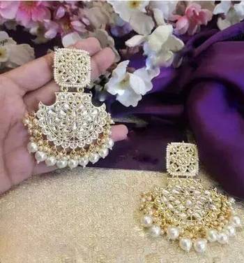 exquisite kundan chandbali earrings with pearl drops - bridal jewelry set 1