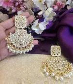 exquisite kundan chandbali earrings with pearl drops - bridal jewelry set