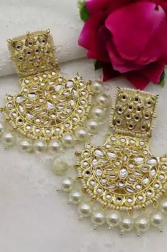 exquisite kundan chandbali earrings with pearl drops - bridal jewelry set