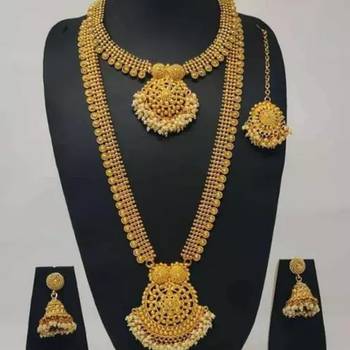 Gold-plated south indian bridal jewelry set - Necklace ::, long chain earrings and mang tikka 1
