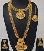 Luxurious gold-plated south indian bridal jewelry set - necklace, long chain, earrings, and tikka